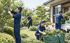 庭まわりの不用品整理や草刈りを伝えるイメージ